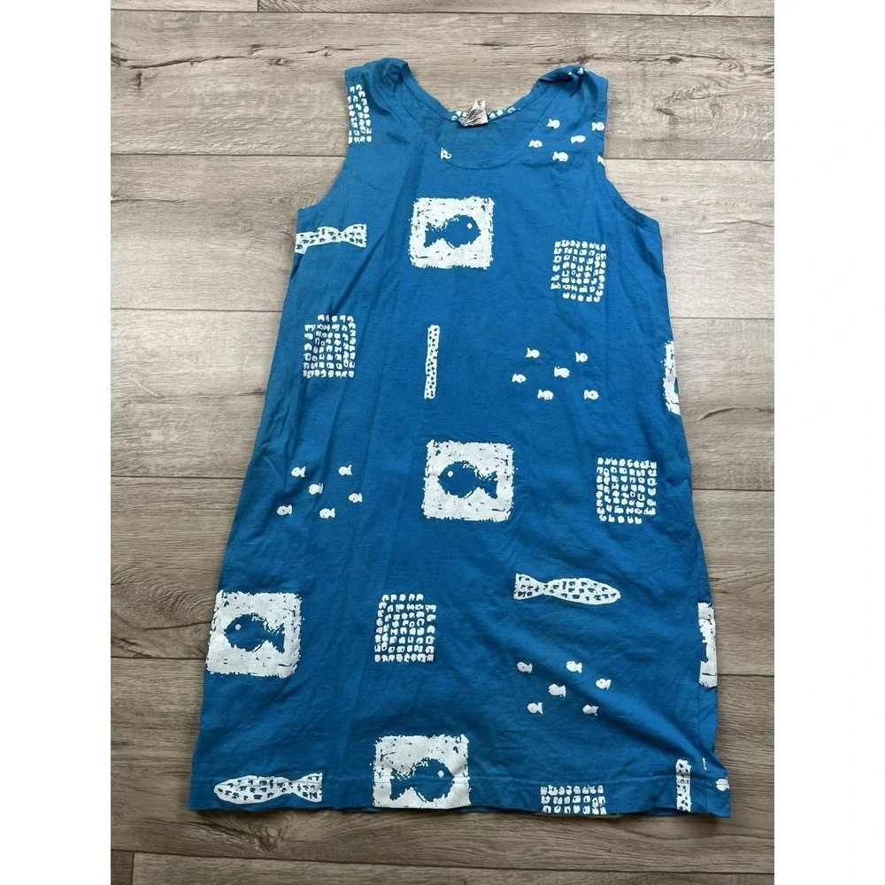 Cotton Fields by M. Mac Dress Sz Medium Blue Fish 100% Cotton USA Maxi Beach - Picture 10 of 11